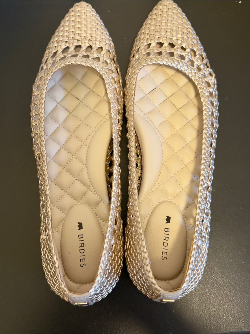 Birdies Women's Woven Pointed Toe Flats in Metallic Gold